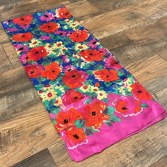 Vintage Bright Silk Long Scarf Poppies Daisies and Stripes - Picture 5 of 6